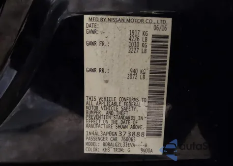 2016 Nissan Altima 2.5 S z USA, uszkodzony, nr VIN 1N4AL3AP0GN373888